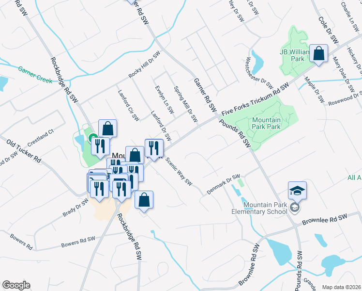 map of restaurants, bars, coffee shops, grocery stores, and more near 5234 Five Forks Trickum Road Southwest in Lilburn