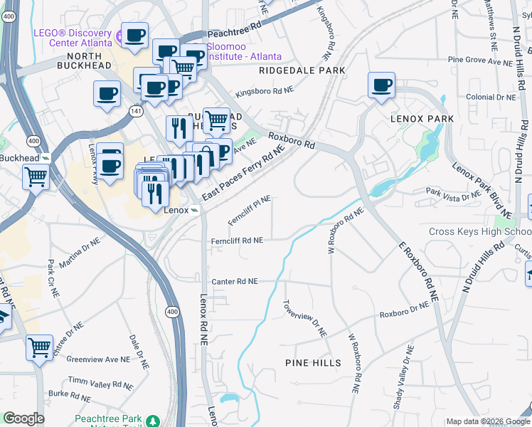 map of restaurants, bars, coffee shops, grocery stores, and more near 3281 Lenox Place Northeast in Atlanta