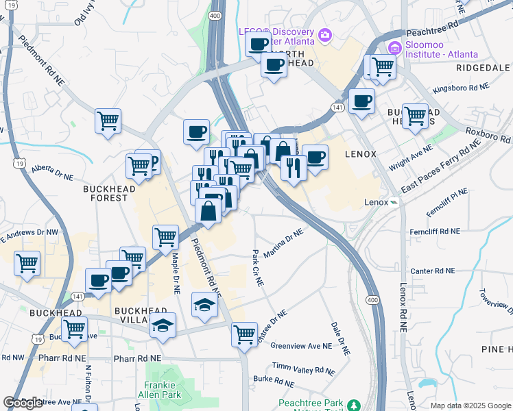 map of restaurants, bars, coffee shops, grocery stores, and more near 32 Highland Drive Northeast in Atlanta