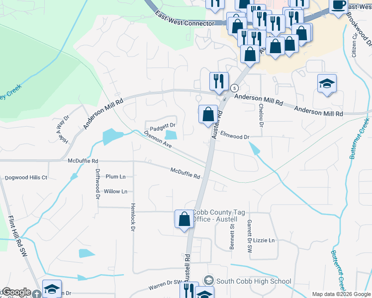 map of restaurants, bars, coffee shops, grocery stores, and more near 1974 Drennon Avenue in Austell