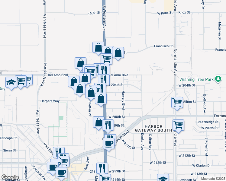 map of restaurants, bars, coffee shops, grocery stores, and more near 1639 West 205th Street in Torrance
