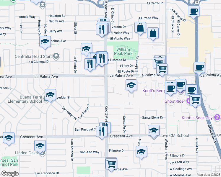 map of restaurants, bars, coffee shops, grocery stores, and more near 10 South Knott Avenue in Buena Park