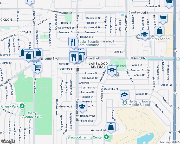 map of restaurants, bars, coffee shops, grocery stores, and more near 2808 Loomis Street in Lakewood