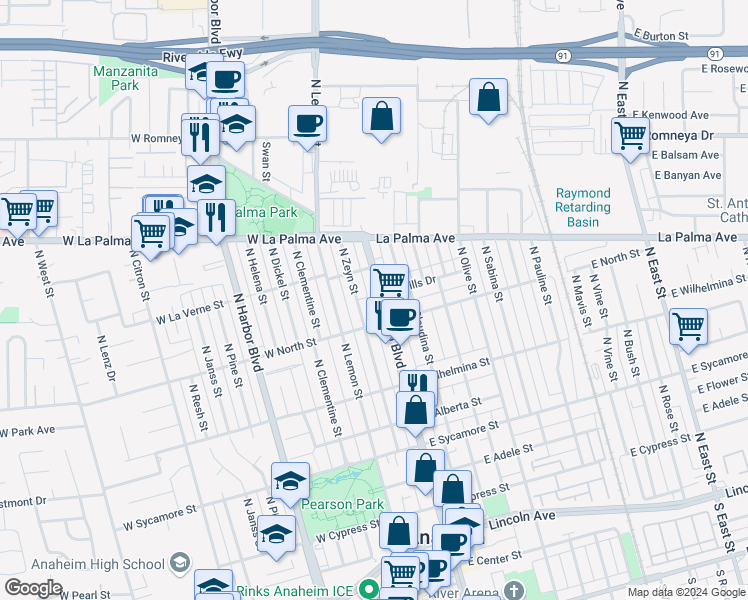 map of restaurants, bars, coffee shops, grocery stores, and more near 823 Anaheim Boulevard in Anaheim