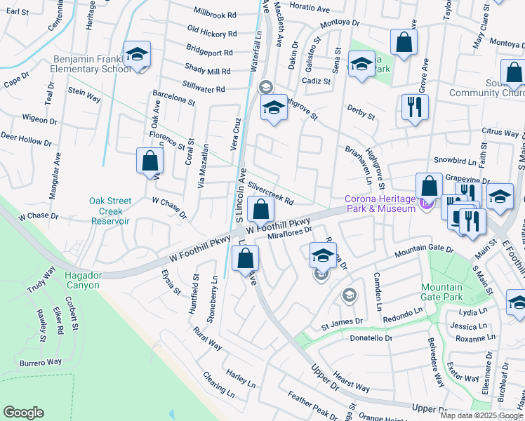 map of restaurants, bars, coffee shops, grocery stores, and more near 3180 Gunsmoke Road in Corona