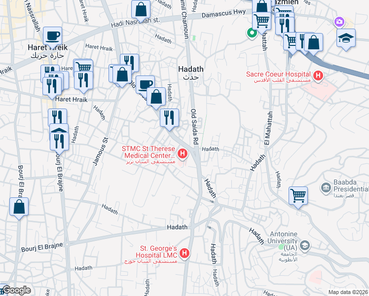 map of restaurants, bars, coffee shops, grocery stores, and more near in Hadath