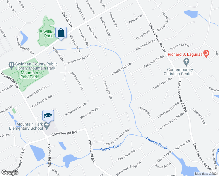 map of restaurants, bars, coffee shops, grocery stores, and more near 4796 Shagbark Court Southwest in Lilburn