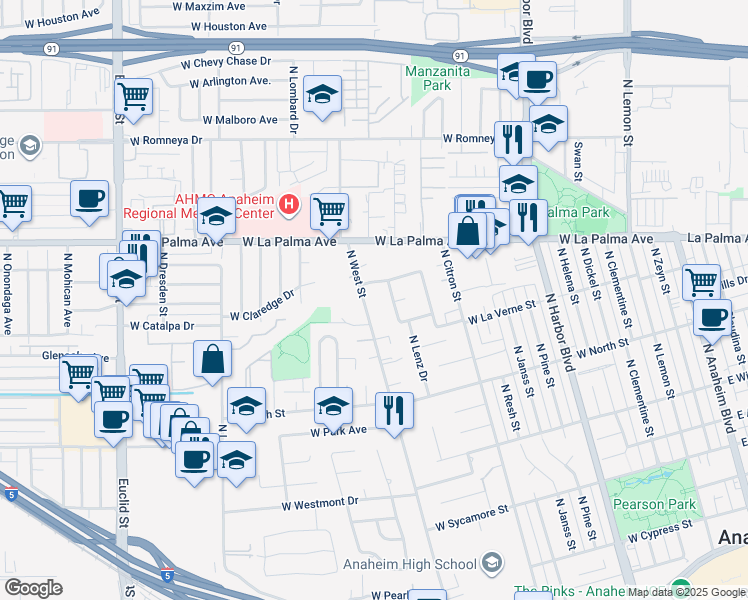 map of restaurants, bars, coffee shops, grocery stores, and more near 929 North West Street in Anaheim
