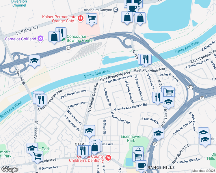 map of restaurants, bars, coffee shops, grocery stores, and more near 4137 North Ramona Street in Orange