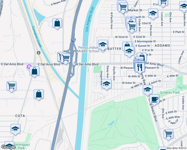 map of restaurants, bars, coffee shops, grocery stores, and more near 4925 Holly Avenue in Long Beach