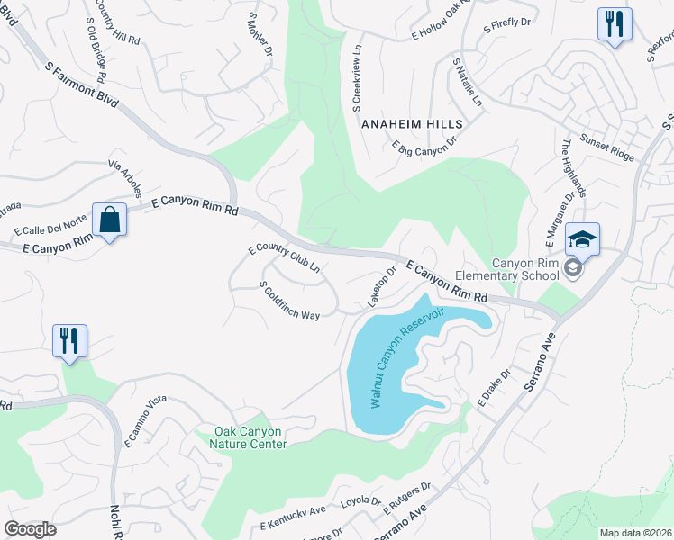 map of restaurants, bars, coffee shops, grocery stores, and more near 7166 East Mockingbird Way in Anaheim