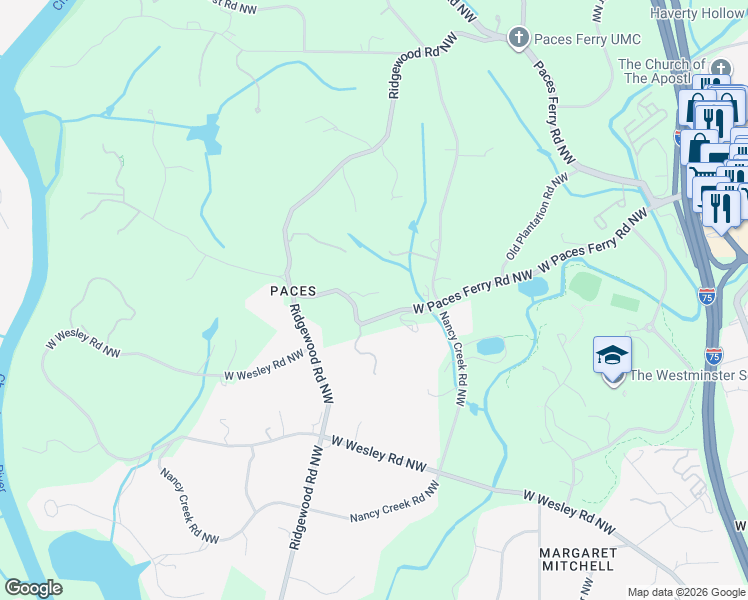 map of restaurants, bars, coffee shops, grocery stores, and more near 1700 West Paces Ferry Road Northwest in Atlanta