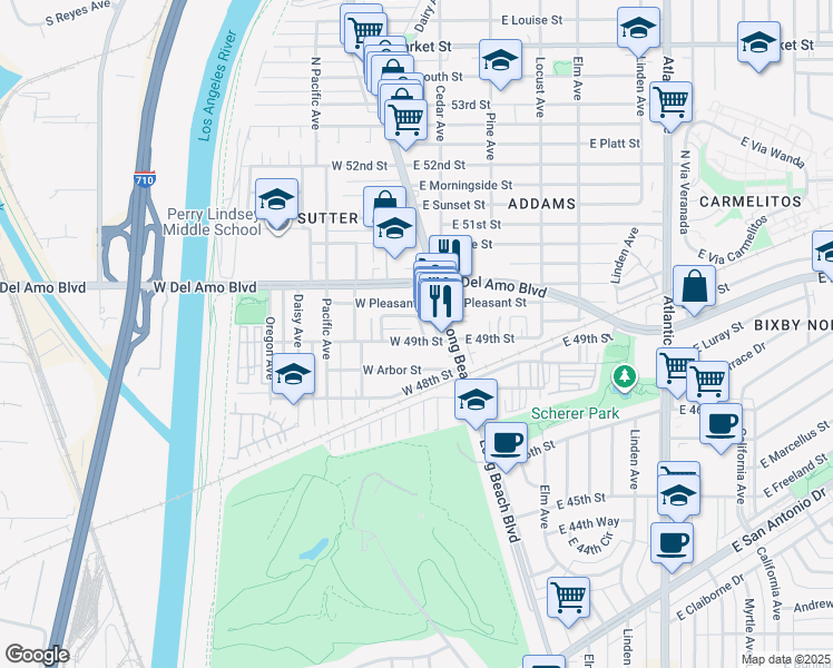 map of restaurants, bars, coffee shops, grocery stores, and more near 36 West 49th Street in Long Beach