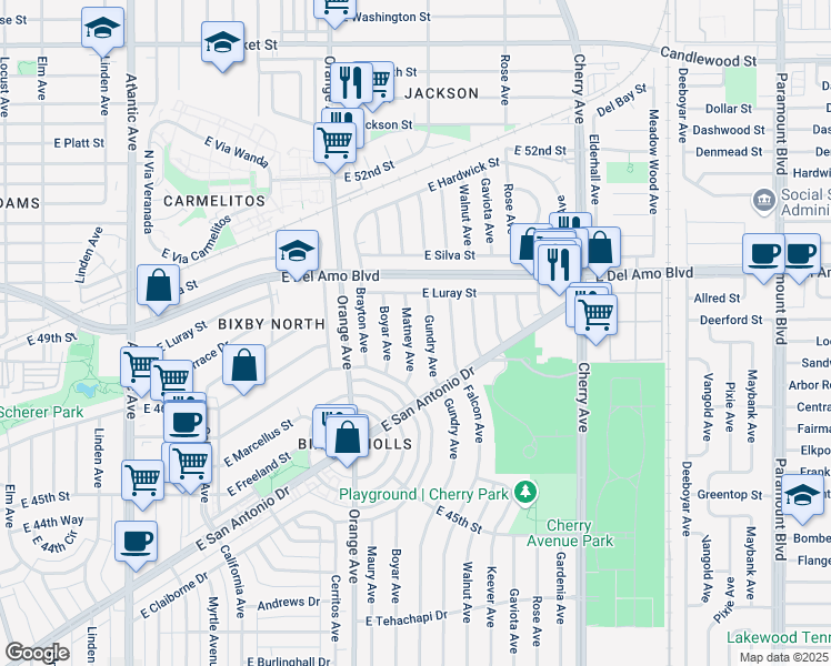 map of restaurants, bars, coffee shops, grocery stores, and more near 4743 Matney Avenue in Long Beach