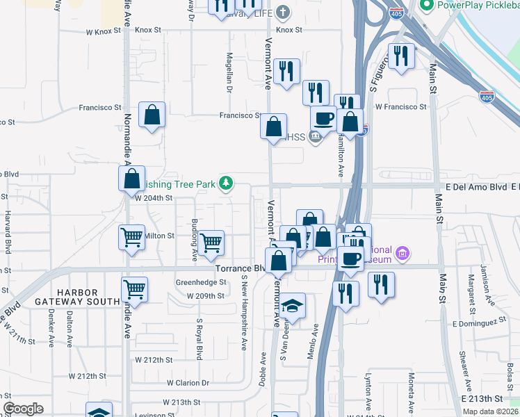 map of restaurants, bars, coffee shops, grocery stores, and more near 20529 Vermont Avenue in Torrance