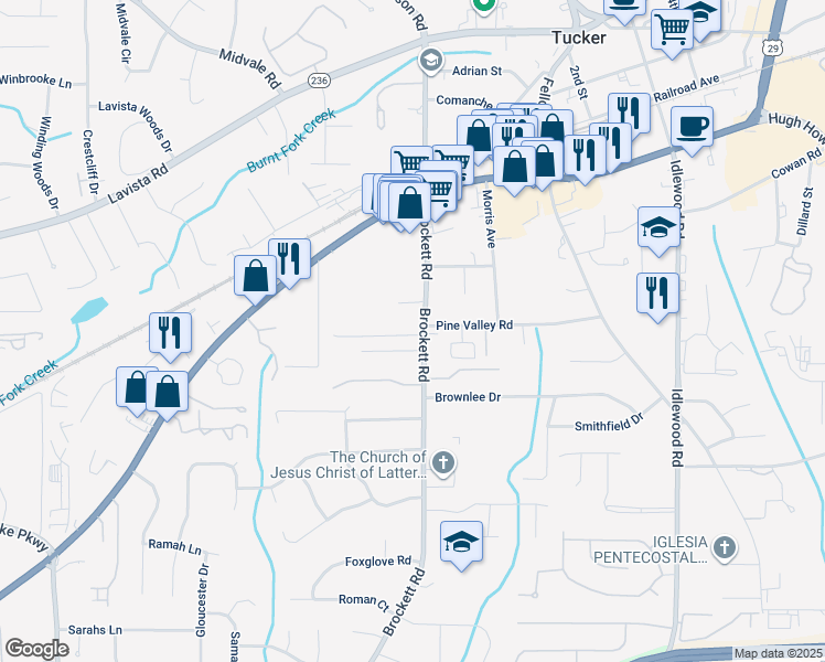 map of restaurants, bars, coffee shops, grocery stores, and more near 4034 Brockett Walk in Tucker