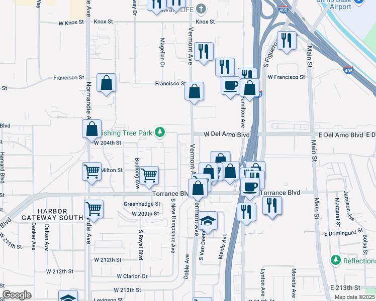 map of restaurants, bars, coffee shops, grocery stores, and more near 20415 South Vermont Avenue in Torrance