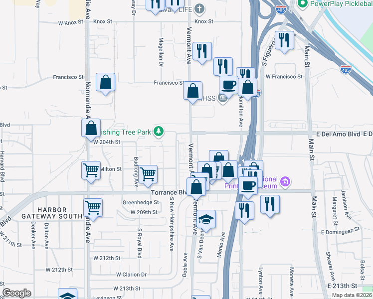 map of restaurants, bars, coffee shops, grocery stores, and more near 20529 Vermont Avenue in Torrance