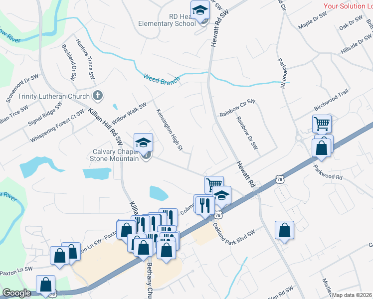 map of restaurants, bars, coffee shops, grocery stores, and more near 2026 Kensington High Street in Lilburn