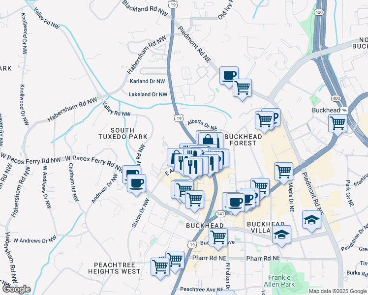 map of restaurants, bars, coffee shops, grocery stores, and more near 3300 Roswell Road Northeast in Atlanta
