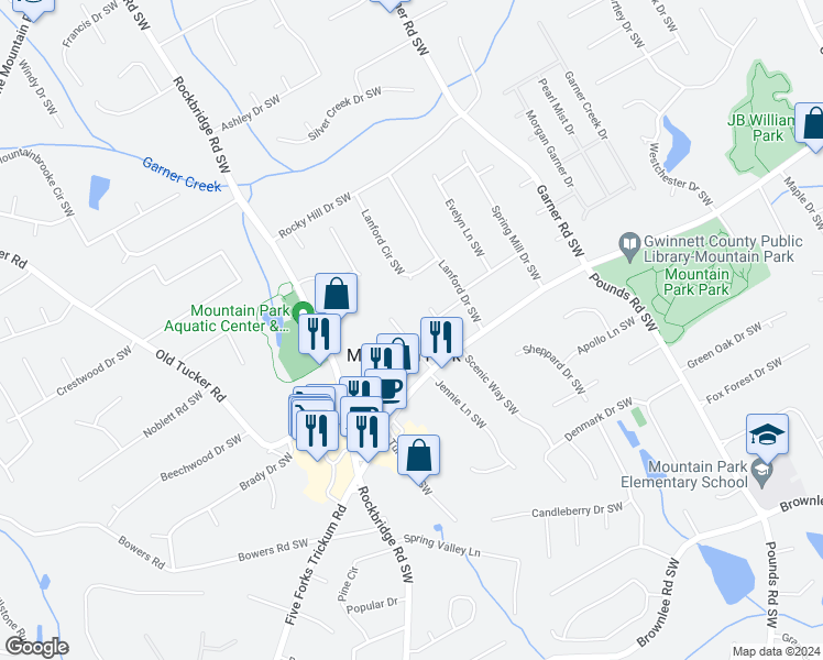 map of restaurants, bars, coffee shops, grocery stores, and more near 1188 Brown Road Southwest in Lilburn