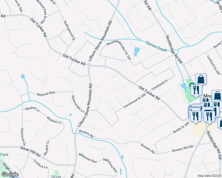 map of restaurants, bars, coffee shops, grocery stores, and more near 5682 Shadow View Drive Southwest in Stone Mountain