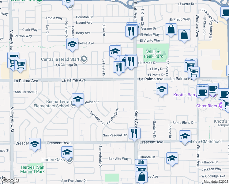 map of restaurants, bars, coffee shops, grocery stores, and more near 8072 San Hilario Circle in Buena Park