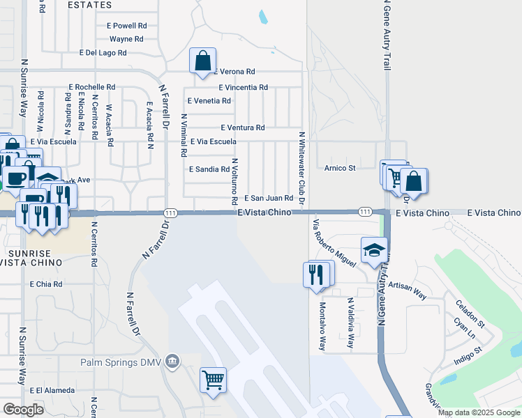 map of restaurants, bars, coffee shops, grocery stores, and more near 3036 East Vista Chino in Palm Springs
