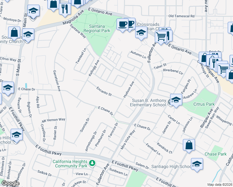 map of restaurants, bars, coffee shops, grocery stores, and more near 875 Encanto Street in Corona