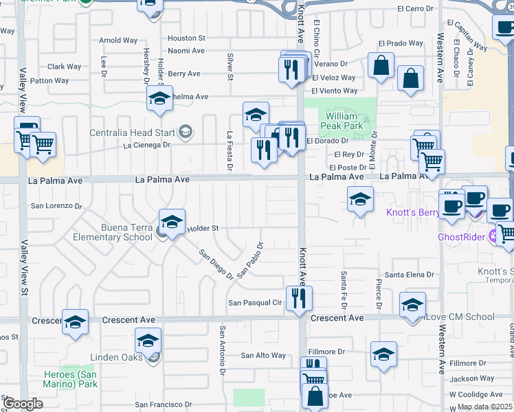 map of restaurants, bars, coffee shops, grocery stores, and more near 8072 San Hilario Circle in Buena Park