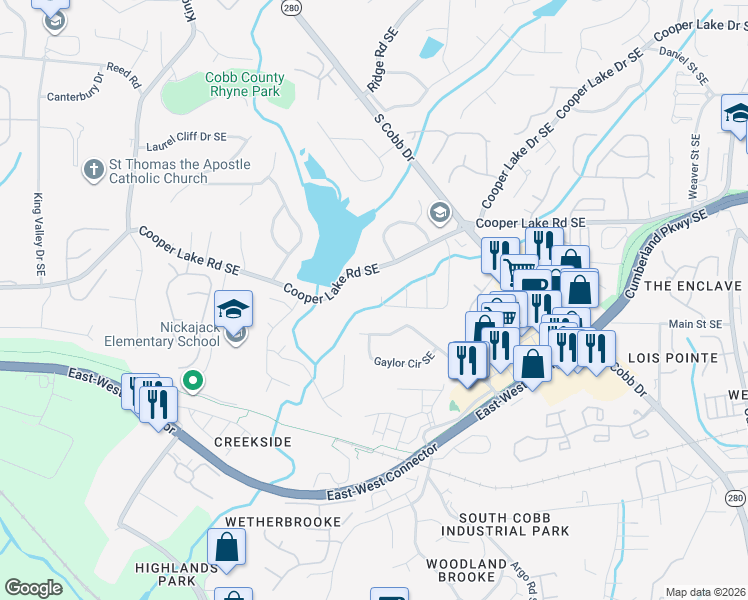 map of restaurants, bars, coffee shops, grocery stores, and more near 4429 Coopers Creek Drive Southeast in Smyrna