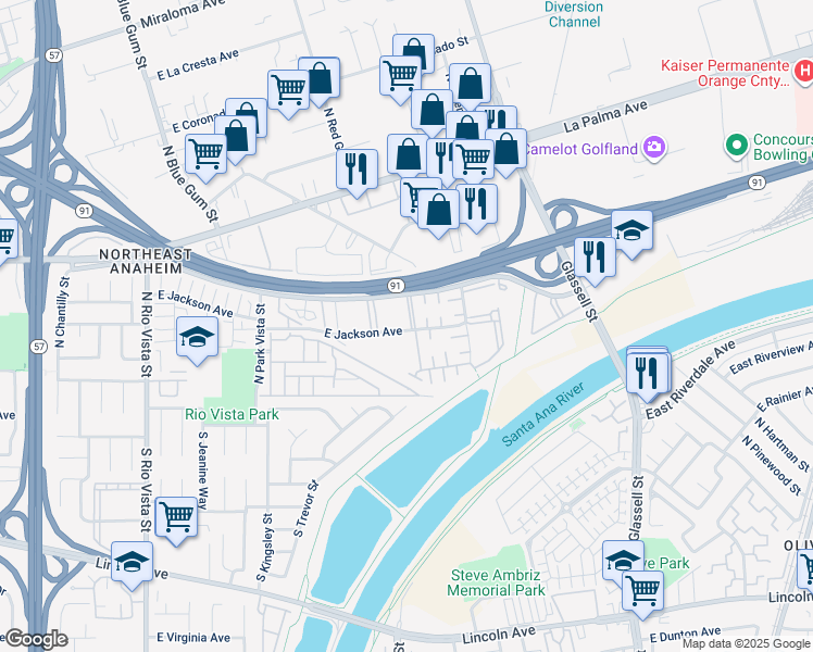 map of restaurants, bars, coffee shops, grocery stores, and more near 404 North Vía Porto in Anaheim