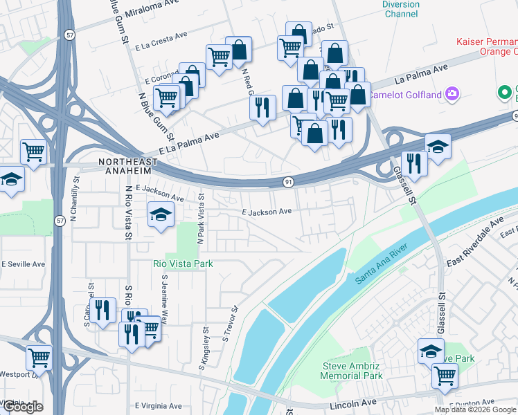 map of restaurants, bars, coffee shops, grocery stores, and more near 320 North Park Vista Street in Anaheim