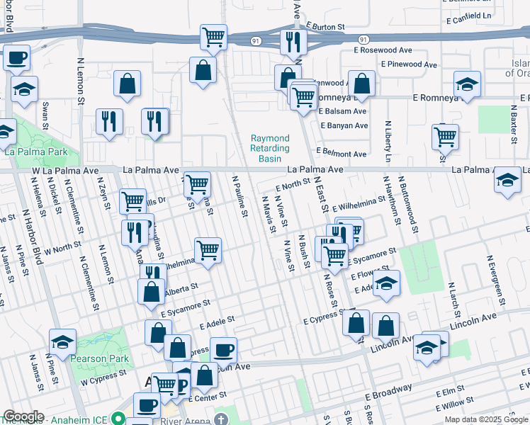 map of restaurants, bars, coffee shops, grocery stores, and more near 716 North Pauline Street in Anaheim