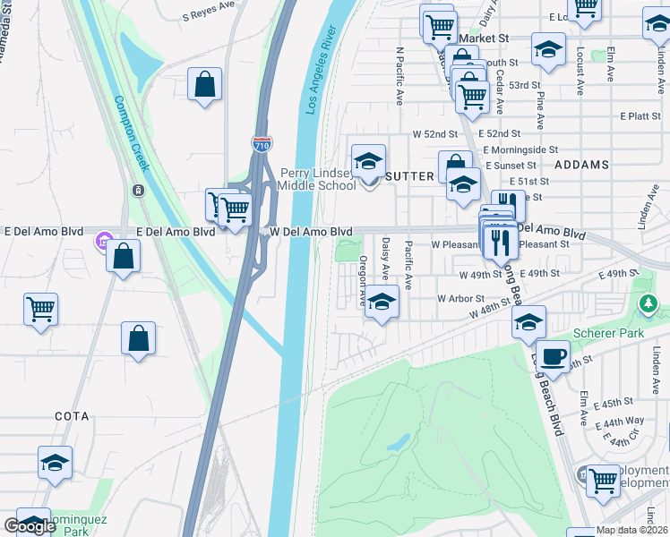 map of restaurants, bars, coffee shops, grocery stores, and more near 4883 Holly Avenue in Long Beach