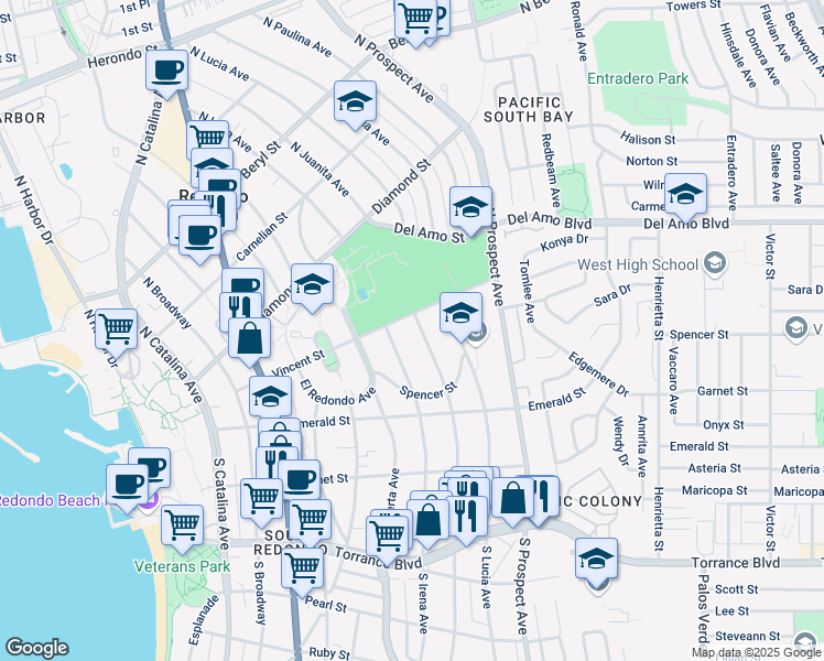 map of restaurants, bars, coffee shops, grocery stores, and more near 224 North Juanita Avenue in Redondo Beach
