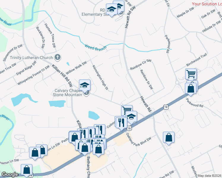 map of restaurants, bars, coffee shops, grocery stores, and more near 2026 Kensington High Street in Lilburn