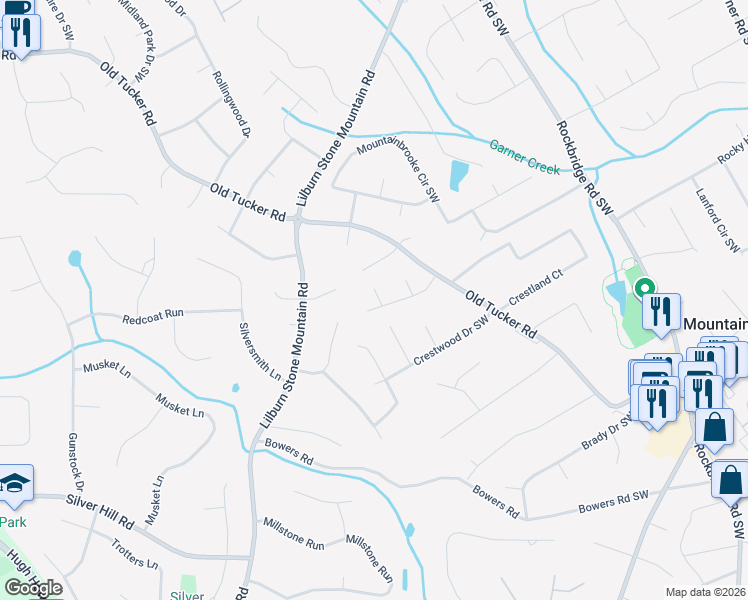 map of restaurants, bars, coffee shops, grocery stores, and more near 5682 Shadow View Drive Southwest in Stone Mountain