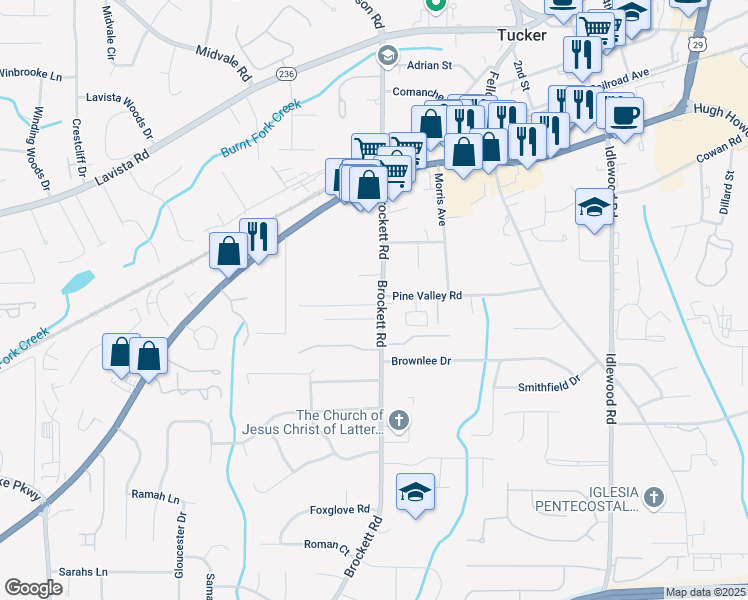 map of restaurants, bars, coffee shops, grocery stores, and more near 4034 Brockett Walk in Tucker