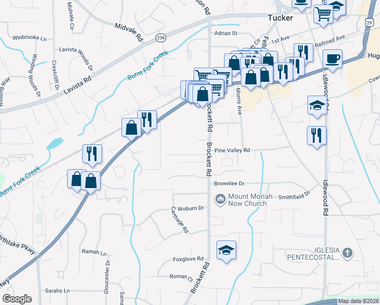 map of restaurants, bars, coffee shops, grocery stores, and more near 3998 Brockett Walk in Tucker