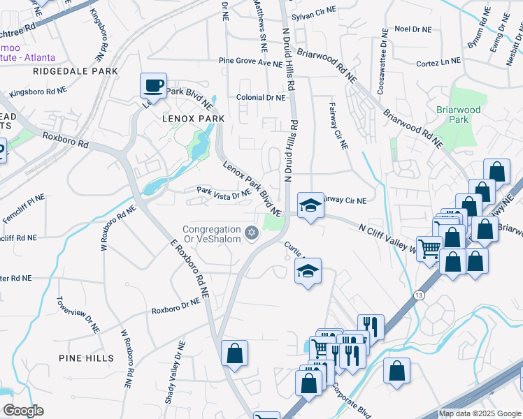 map of restaurants, bars, coffee shops, grocery stores, and more near 1197 Lynmoor Drive Northeast in Atlanta