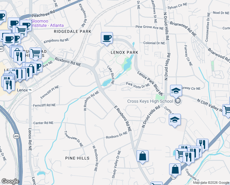 map of restaurants, bars, coffee shops, grocery stores, and more near 2087 East Roxboro Road Northeast in Atlanta