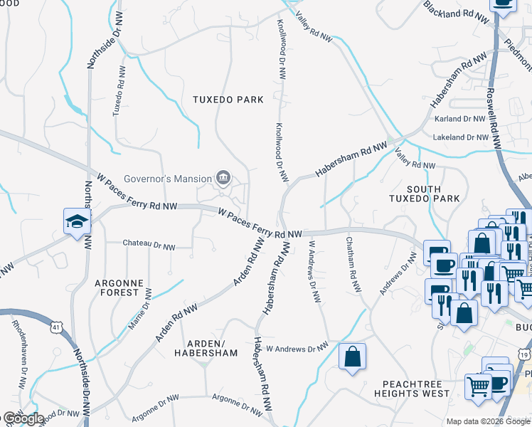 map of restaurants, bars, coffee shops, grocery stores, and more near 289 West Paces Ferry Road Northwest in Atlanta