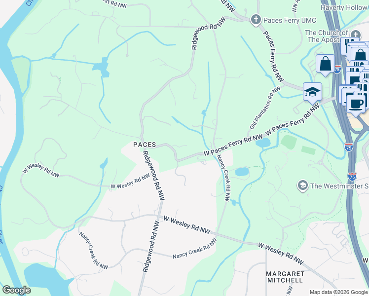 map of restaurants, bars, coffee shops, grocery stores, and more near 1700 West Paces Ferry Road Northwest in Atlanta