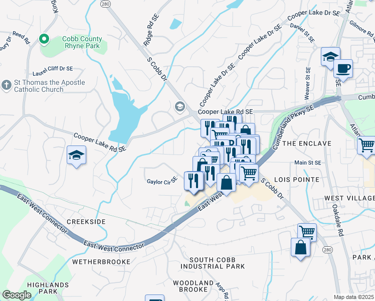 map of restaurants, bars, coffee shops, grocery stores, and more near 4542 Coopers Creek Place Southeast in Smyrna