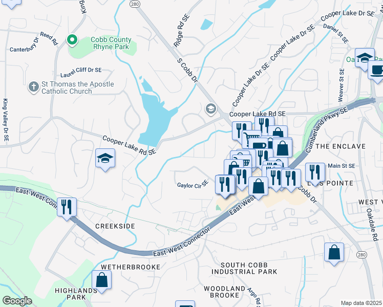 map of restaurants, bars, coffee shops, grocery stores, and more near 4413 Coopers Creek Drive Southeast in Smyrna