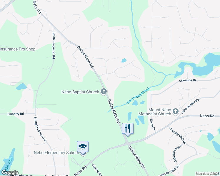 map of restaurants, bars, coffee shops, grocery stores, and more near 1095 Dallas Nebo Road in Dallas