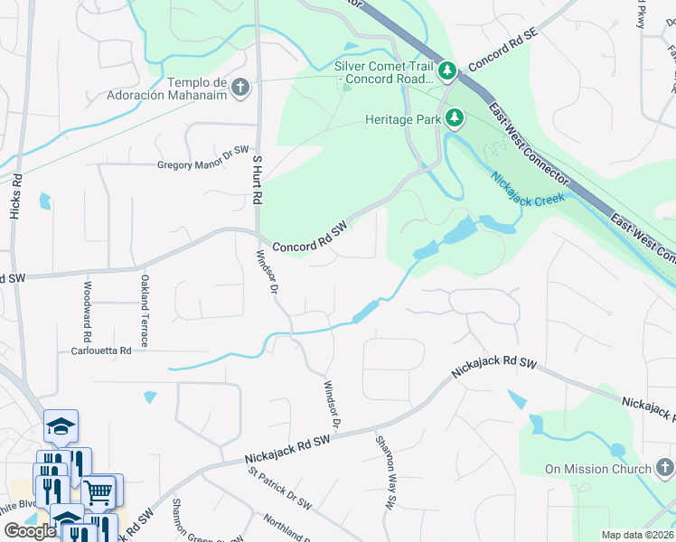 map of restaurants, bars, coffee shops, grocery stores, and more near 4530 Pembroke Drive in Smyrna