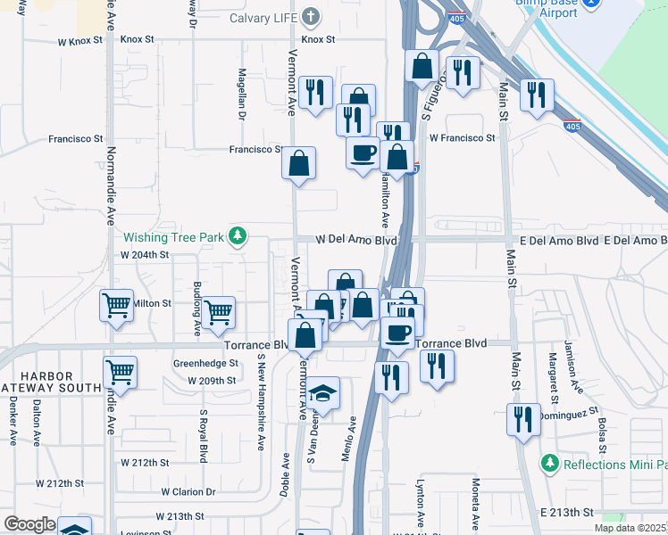 map of restaurants, bars, coffee shops, grocery stores, and more near 736 Del Amo Blvd in Torrance