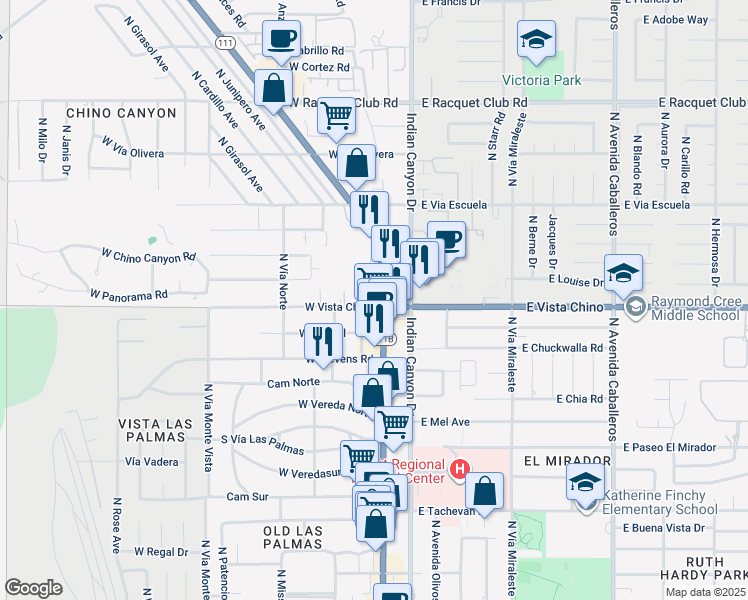 map of restaurants, bars, coffee shops, grocery stores, and more near 1595 North Palm Canyon Drive in Palm Springs